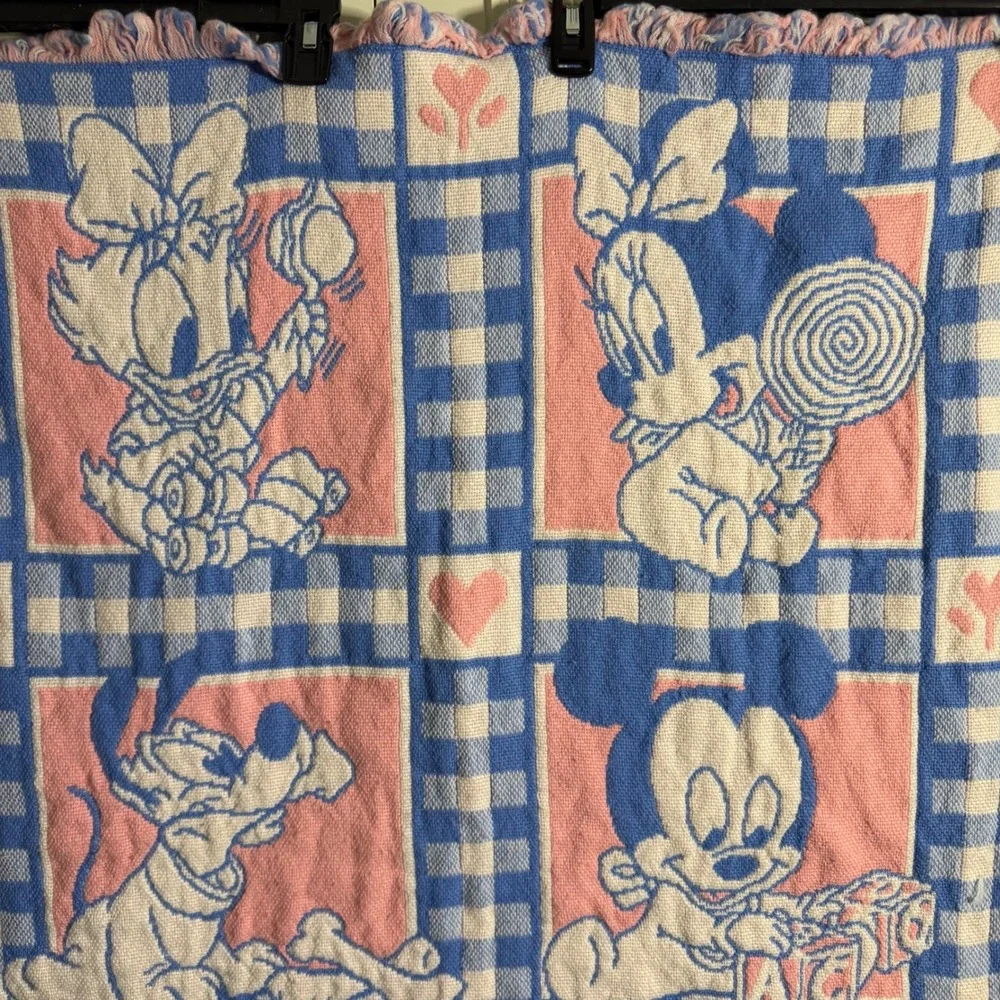 Vintage Disney Baby Blanket Woven Tapestry Mickey Minnie Donald Goofy Blue Pink